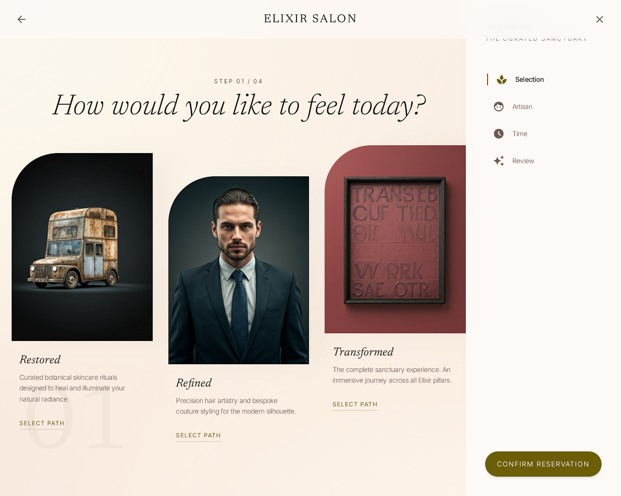 Select Your Ritual Service menu with pricing, duration, and category groupings — browsable, not buried.