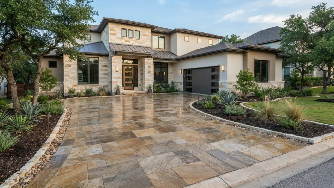 Stamped concrete driveway with flagstone pattern in San Antonio