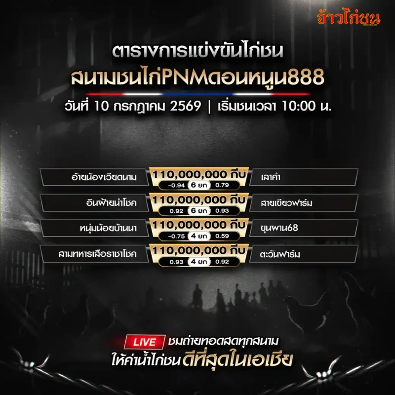 โปรแกรมไก่ชน สนามชนไก่ PNM ดอนหนูน 888 วันที่ 10 กรกฎาคม 2569 รวมคู่ชนทั้งหมด 4 คู่
