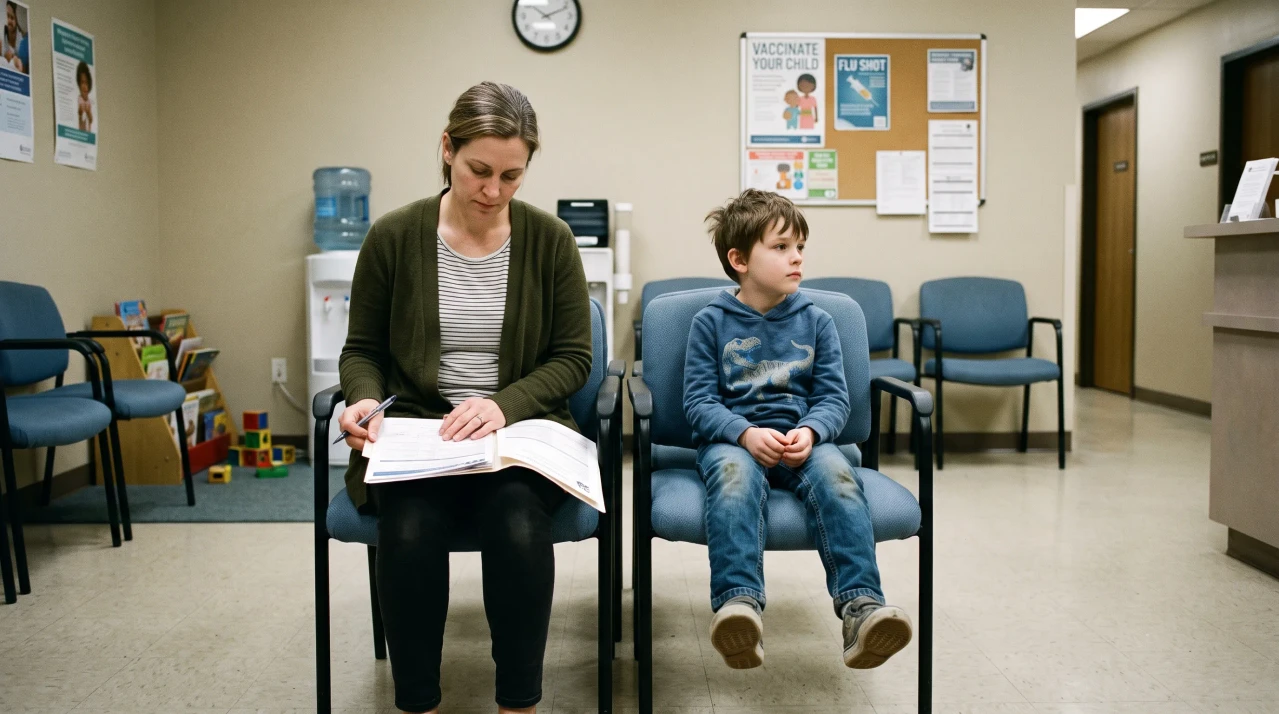 Mother in pediatrician's waiting room with her son
