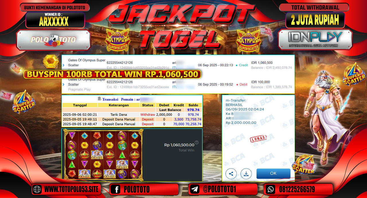 POLOTOTO JACKPOT SLOT GATES OF OLYMPUS SUPER SCATTER Rp.2.000.000,-