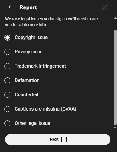 A cropped youtube screenshot with several options copyright issue is selected