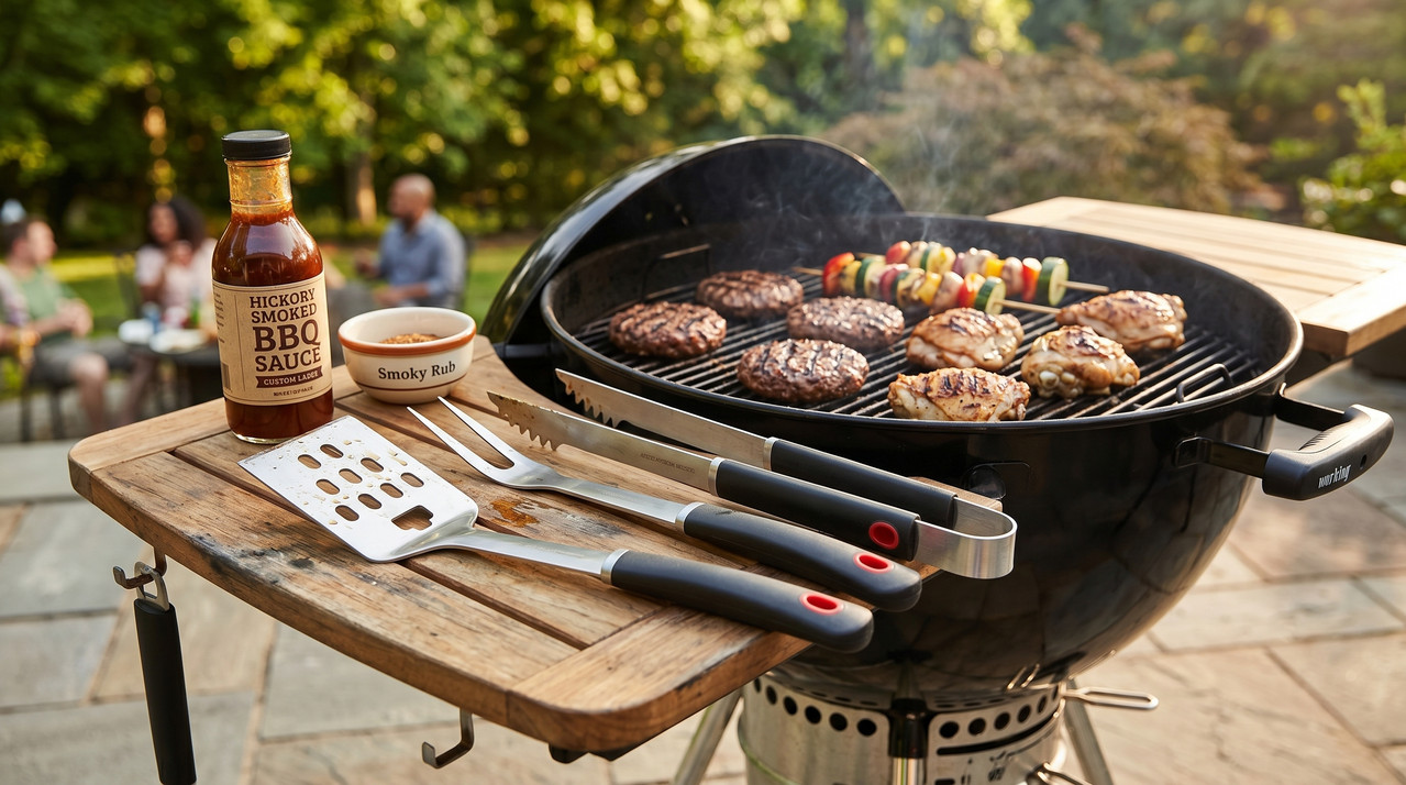 Set de 3 piezas para BBQ: espátula, pinza y tenedor con mangos negros