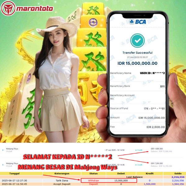 Bukti Kemenangan Member Marontoto Sebesar 15,000,000 JuTa