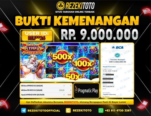 BUKTI KEMENANGAN 19 JULI 2025 GATES OF OLYMPUS SUPER SCATTER 9 JUTA 
