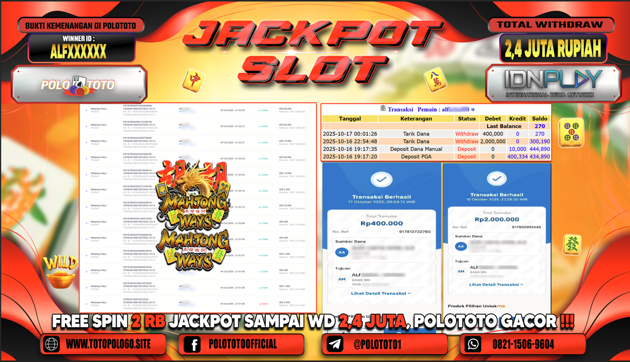 POLOTOTO JACKPOT SLOT MAHJONG WAYS Rp.2.400.000,-