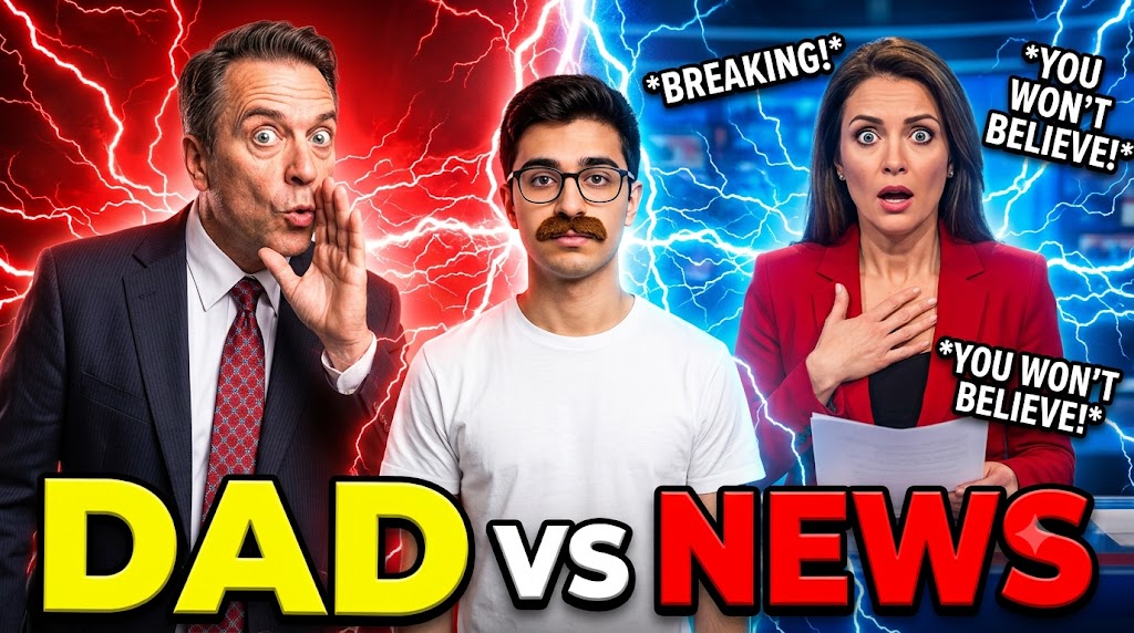 AI-generated example result for the youtube-thumbnail prompt: Comedy & Reaction – "DAD / VS NEWS" | Comedy Reaction Youtube Thumbnail AI YouTube Thumbnail Prompt