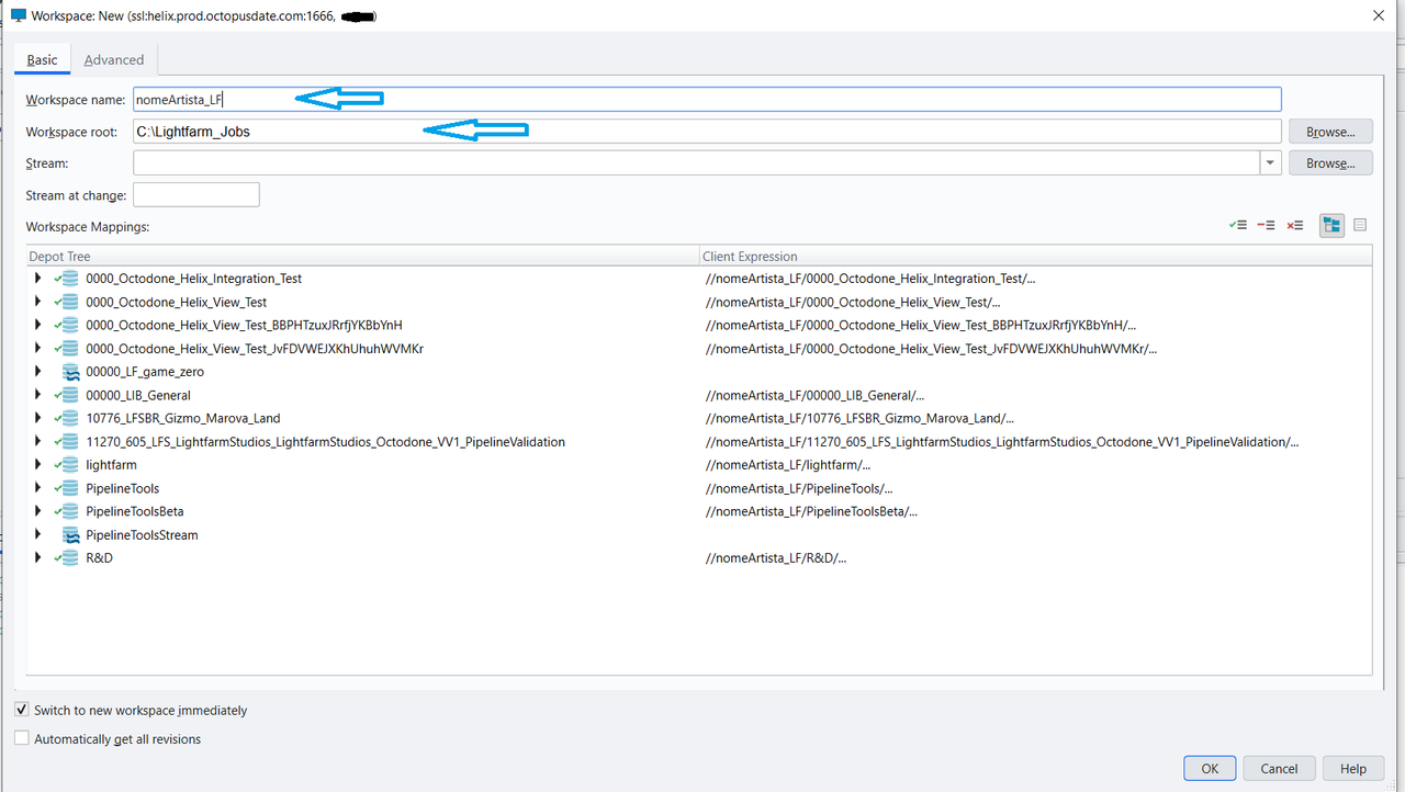 Janela de configuração do novo Workspace no P4V com caminho local em C:\Lightfarm_Jobs