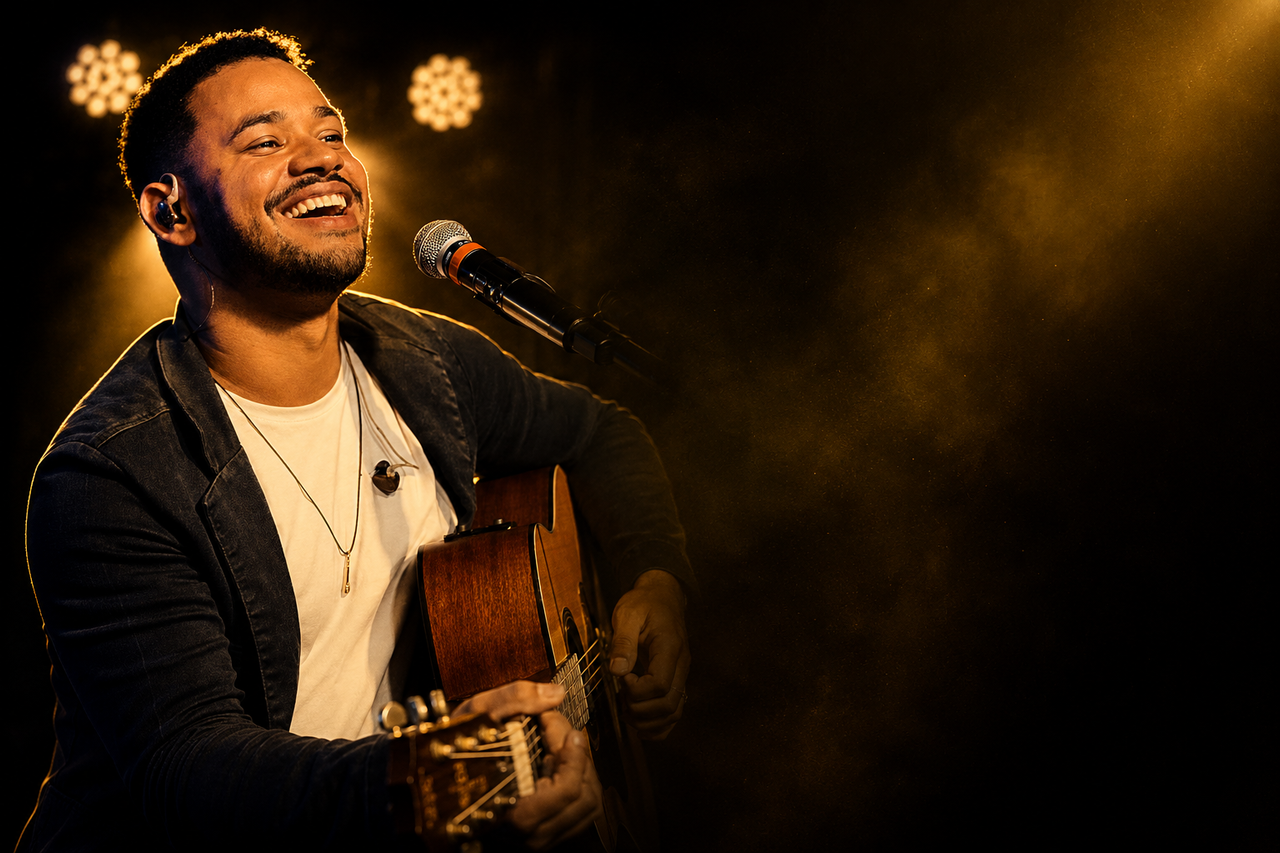 Ailton Souza cantando e tocando violão durante apresentação