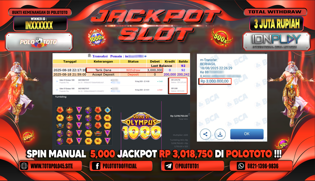 POLOTOTO JACKPOT SLOT GATES OF OLYMPUS 1000 Rp.3.000.000,-
