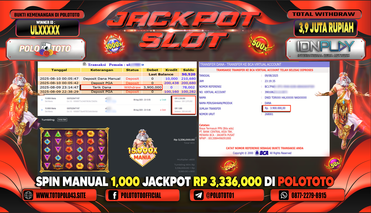 POLOTOTO JACKPOT SLOT 15.000X MANIA Rp.3.900.000,-LUNAS