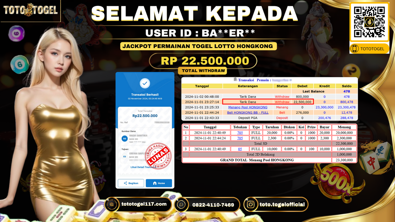 Bukti Pembayaran Jackpot Permainan Togel Lotto Hongkong ID:BA**ER** LUNAS 