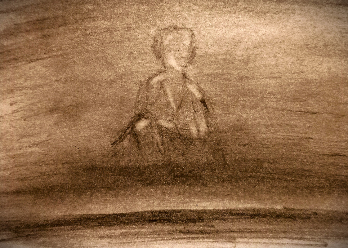 A pencil sketch of Astarion, who is invisible, crouched on the rafters. He is wearing a loose robe with a low v-neck collar and a knee exposed. As he is invisible, only the shape of his outline is visible in the sketch, with an added sheen of magic over his form. The rafters are shadowed, with faint light coming up from below.