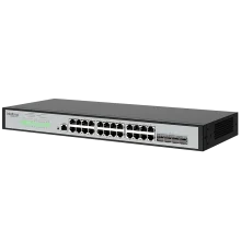 Vista superior do Switch Intelbras S3028G-B Lite, mostrando o design para rack e os LEDs indicadores.