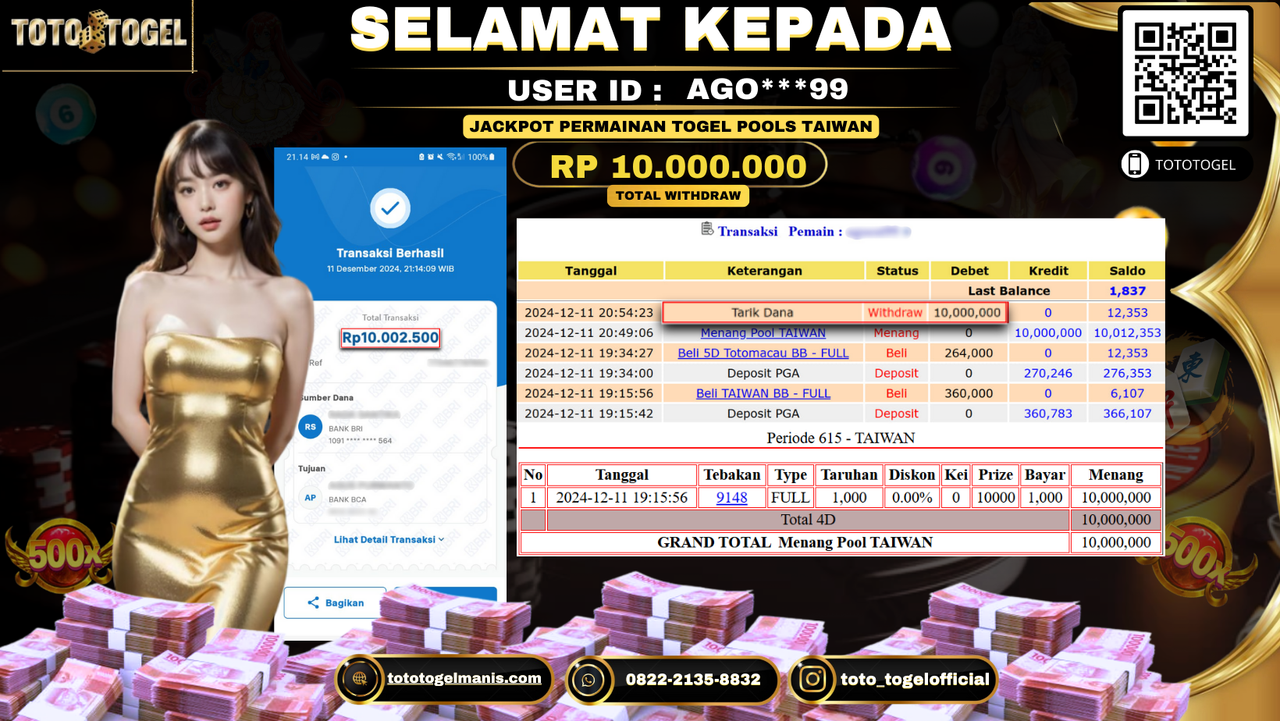 Bukti Pembayaran Jackpot Permainan Togel Pools Taiwan ID: AGO***99 LUNAS
