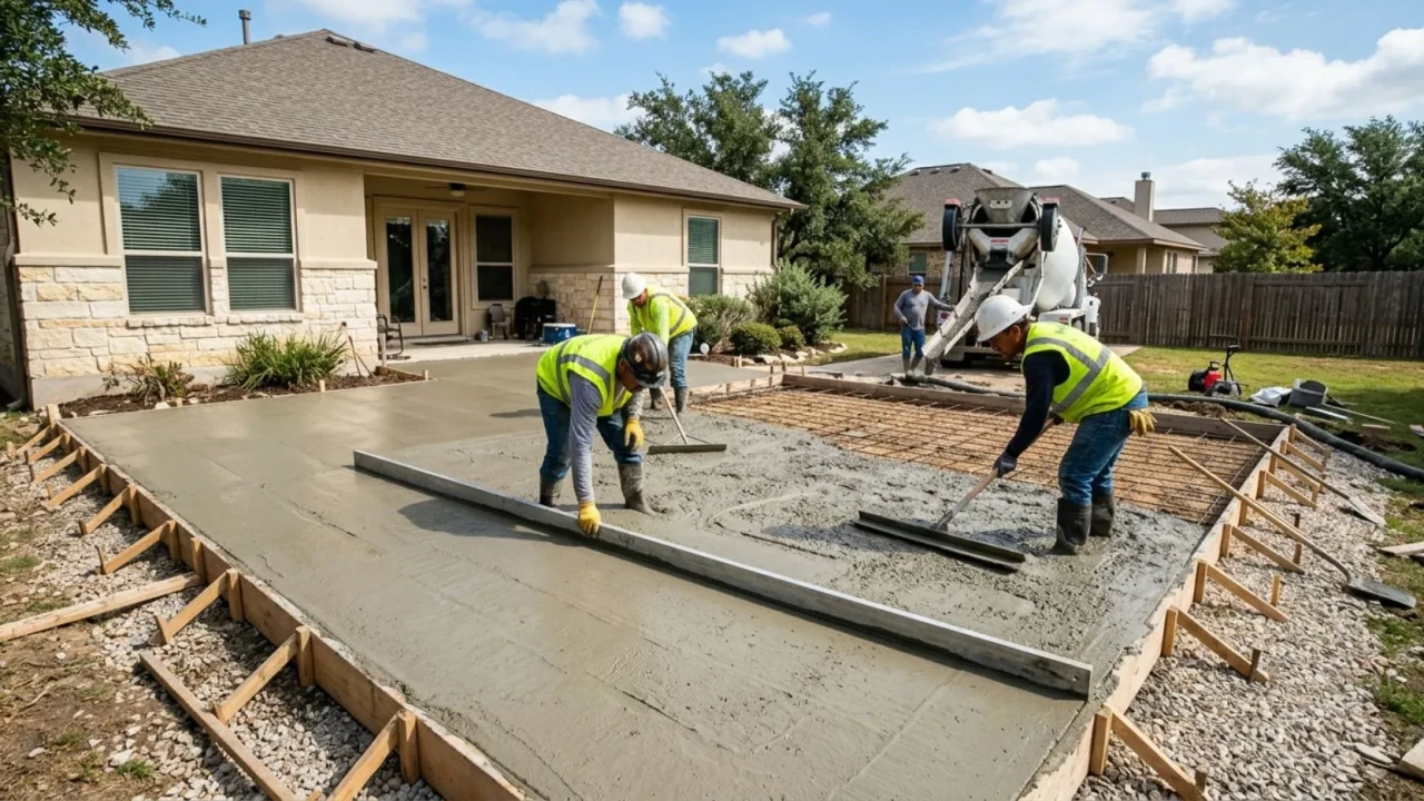 Concrete patio pour and screeding process on San Antonio residential job