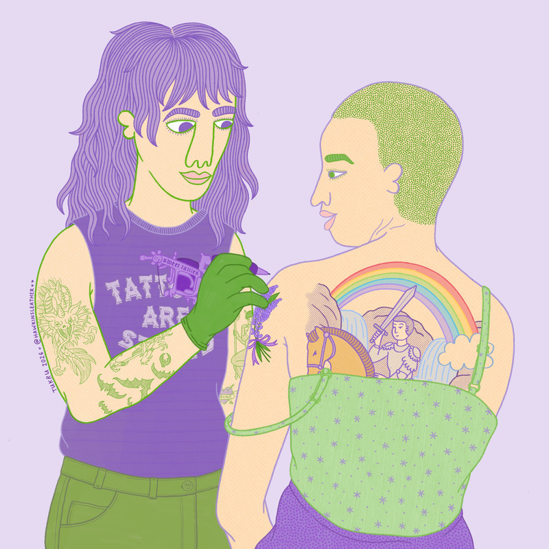 eddie munson tattooing a lavender sprig on Eleven/Jane's shoulder