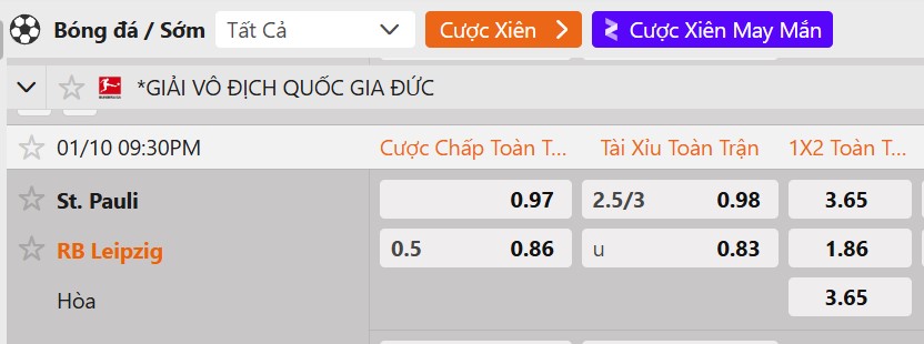 Tỷ lệ kèo St. Pauli vs RB Leipzig