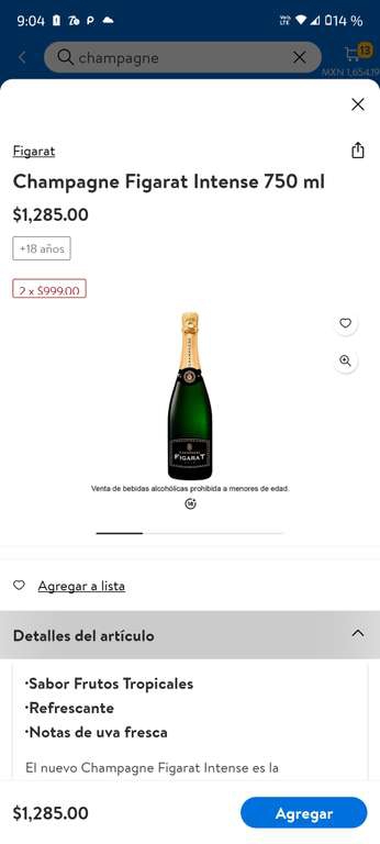 Walmart Súper: Champagne figarat intense 750 ml | 2 x $999 
