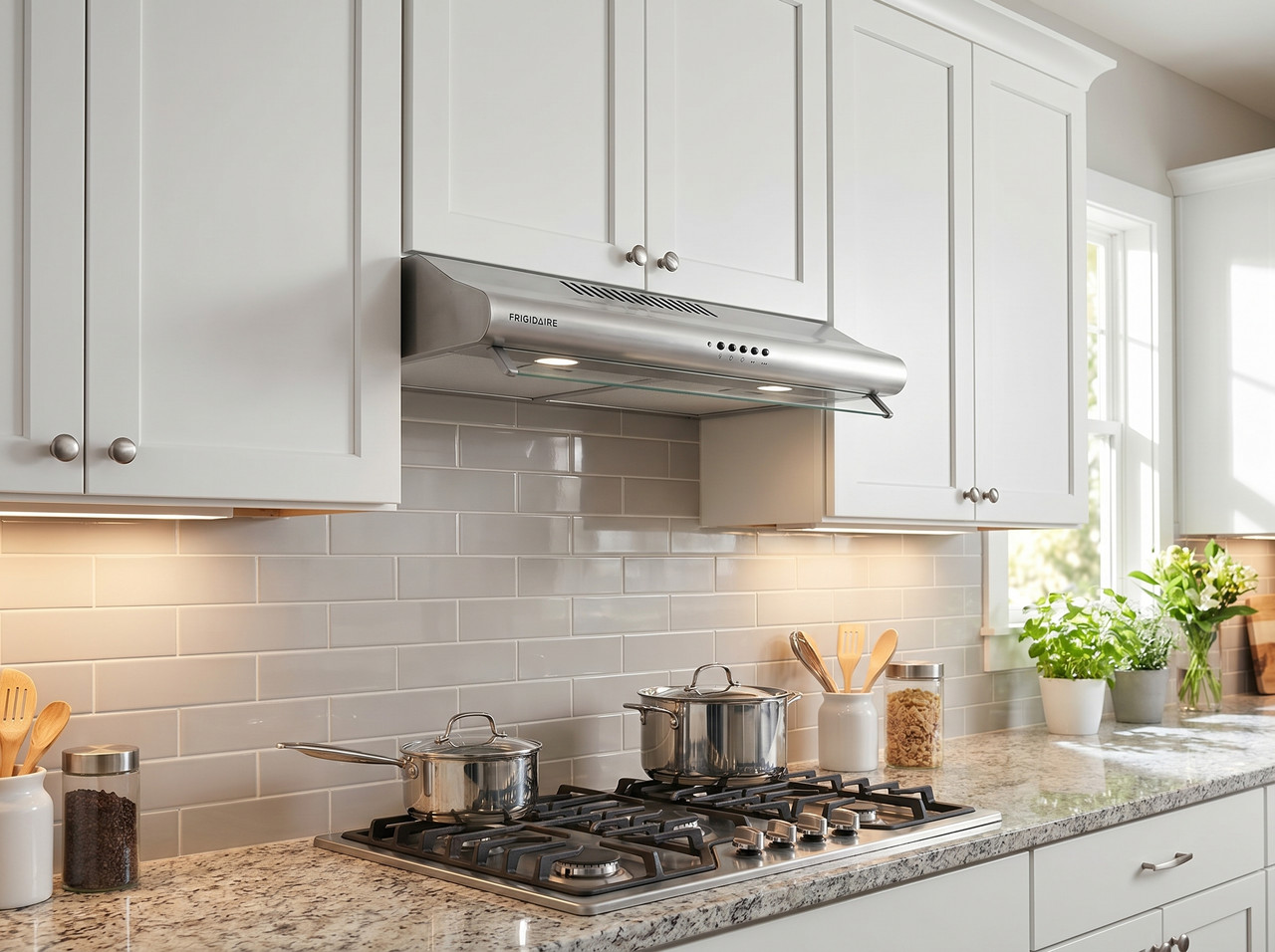 Extractor de grasa empotrable Frigidaire de 24 pulgadas bajo gabinete con chasis de acero inoxidable instalado en una cocina residencial organizada