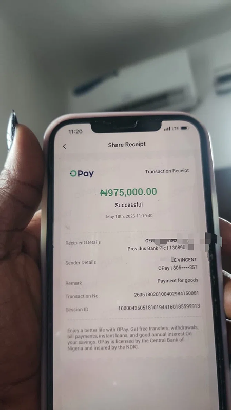 Chiamaka's ₦975,000 OPay receipt for business inventory