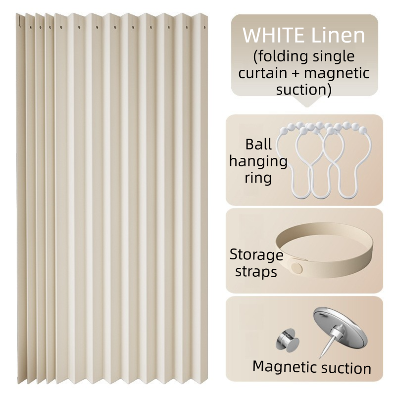 100 X 180 CM White Linen-Look Dust Drill-Free Pull-Curtain - Folding Doorless Closet Divider with Magnetic Closure & Hanging Rings