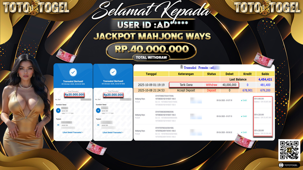 Bukti Pembayaran Jackpot Permainan Slot Mahjong Ways  ID:AD*** LUNAS