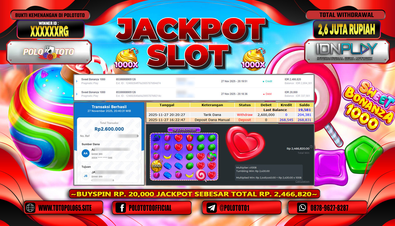 POLOTOTO JACKPOT SLOT SWEET BONANZA 1000 Rp.2.6000.000,- LUNAS