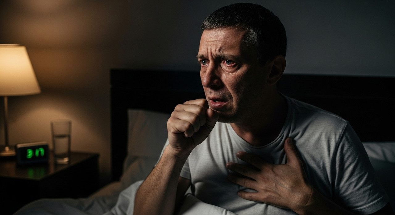 Мужчина просыпается ночью от приступа сухого, изнуряющего кашля.