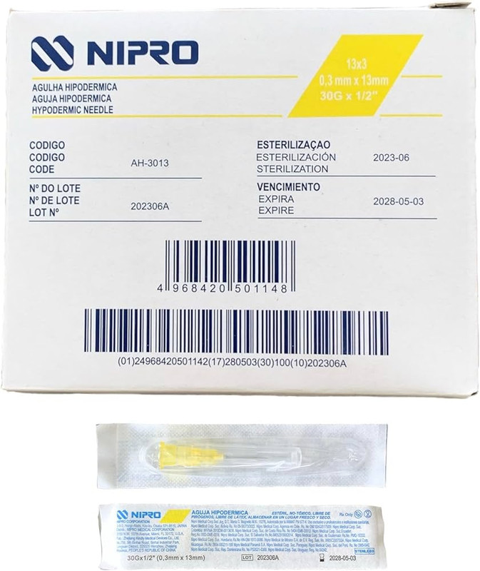 MTC AGUJA HIPODERMICA 30G X 1/2" .3MM X 13MM CAJA C/100 NIPRO APL3X2     4968420501148
