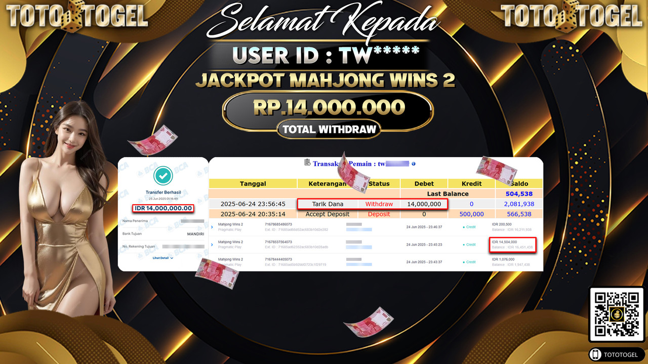 Bukti Pembayaran Jackpot Permainan Slot Mahjong Wins 2 ID:TW***** LUNAS