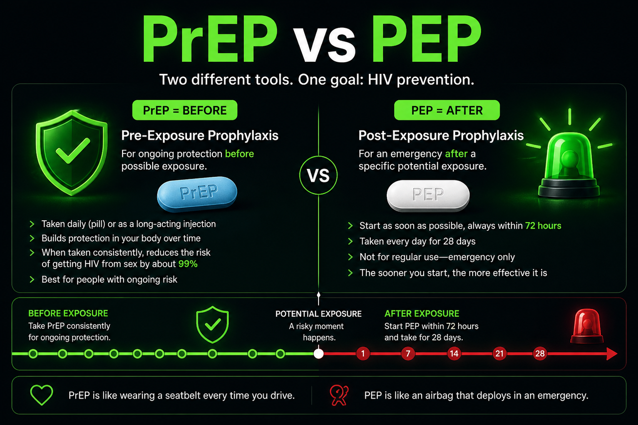 Infographic comparing PrEP and PEP for HIV prevention. PrEP is used before possible exposure for ongoing protection, while PEP is used after a possible exposure and must be started within 72 hours.