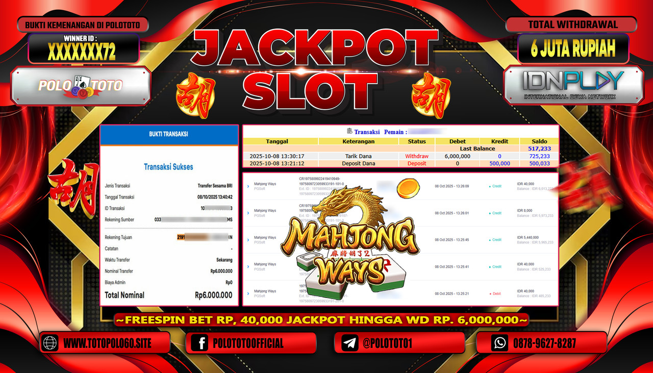 POLOTOTO JACKPOT SLOT MAHJONG WAYS Rp.6.000.000,- LUNAS