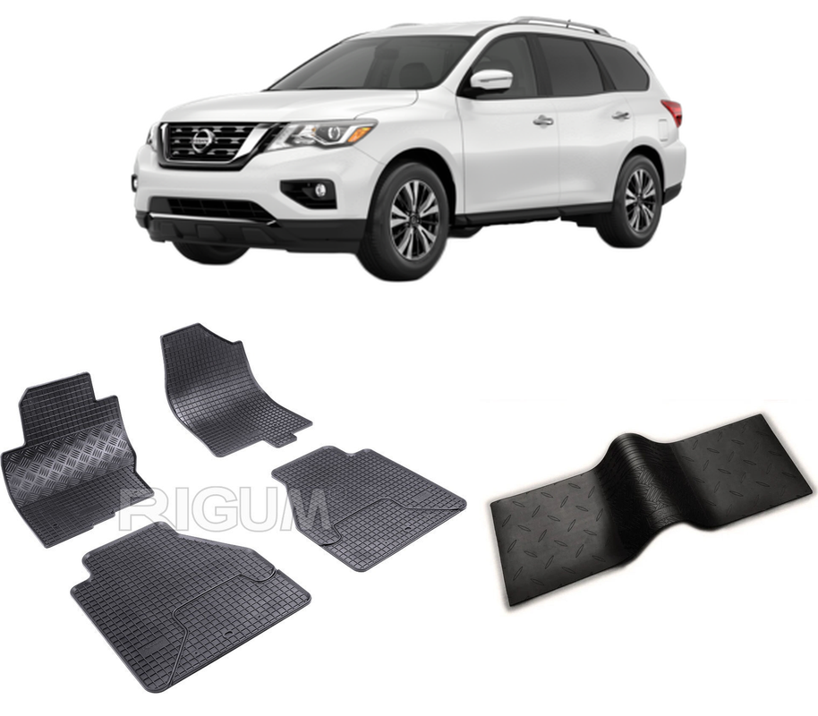 Set covorase auto NISSAN PATHFINDER din 2010-2021, cu covoras tunel median, CAROSERIE SUV, Presuri cauciuc 100%, compatibil cu autoturismul NISSAN PATHFINDER, Rigum