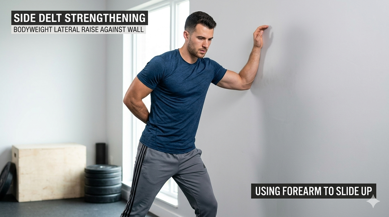 Person performing bodyweight lateral raise against wall using forearm to slide up for side delt strengthening and shoulder stability