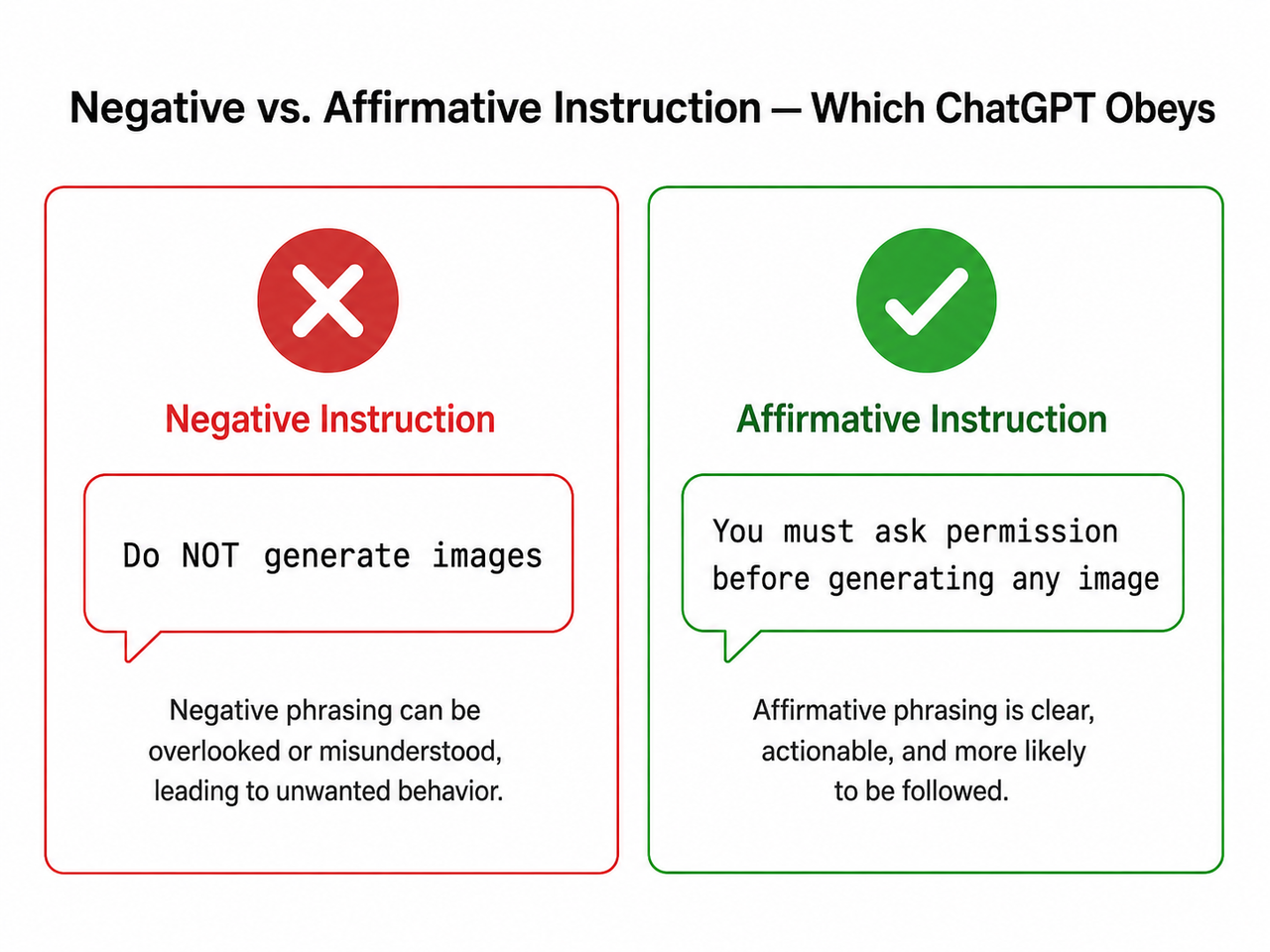 ChatGPT generating images without permission — negative vs affirmative instruction comparison card