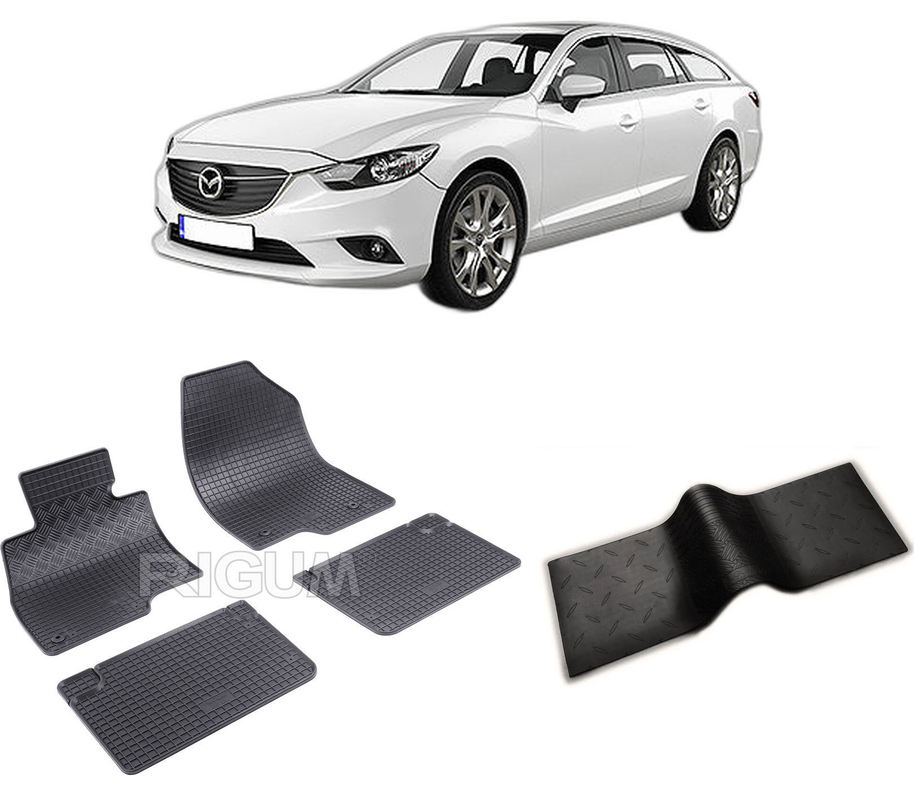 Set covorase auto MAZDA 6 III din 01.2013-PREZENT, cu covoras tunel median, CAROSERIE COMBI, Presuri cauciuc 100%, compatibil cu autoturismul MAZDA 6 III, Rigum