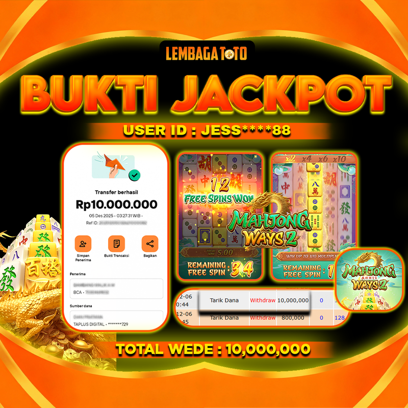 BUKTI JACKPOT 06 DECEMBER LEMBAGATOTO MAHJONG WAYS 2 Rp10,000,000,- LUNAS