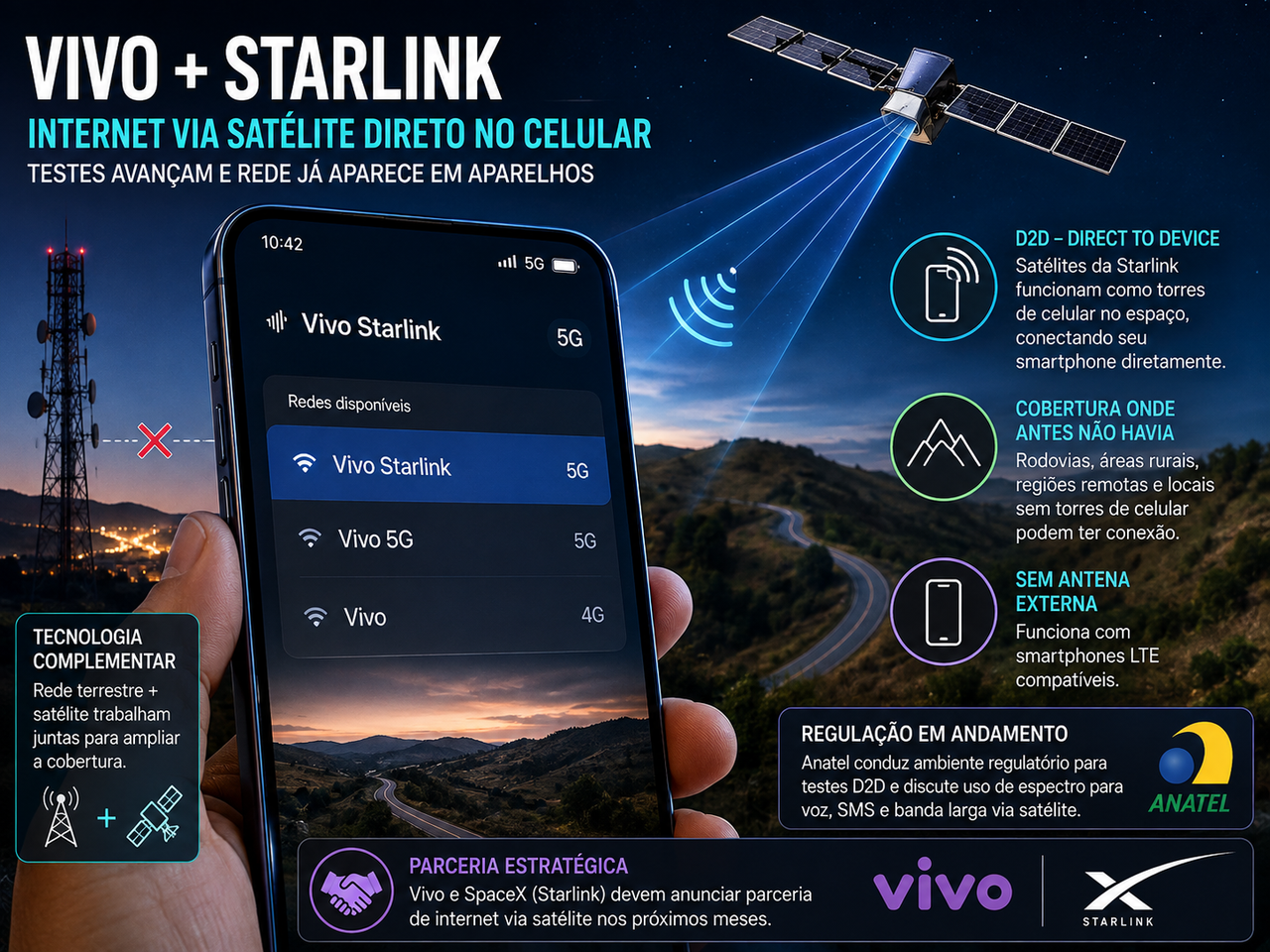 Vivo e Starlink avançam em testes de internet via satélite no celular; rede já aparece em aparelhos