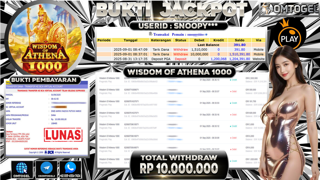 OMTOGEL JACKPOT PRAGMATIC PLAY WISDOM OF ATHENA 1000 10 JUTA DI BAYAR LUNAS ,-
