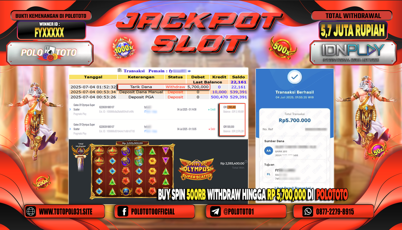 POLOTOTO JACKPOT SLOT GATES OF OLYMPUS SUPER SCATTER Rp.5.700.000,-