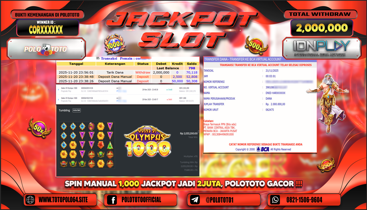 POLOTOTO JACKPOT SLOT GATES OF OLYMPUS 1000 Rp.2.000.000,- LUNAS