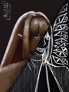 digital art of Anastasia by R0ttingRay on Art Fight. It is a headshot where half of her is obscured by black, showing her demonic form.