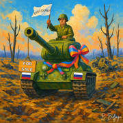 A Russian tank with a white flag and signs reading “Discount” and “For Sale.”