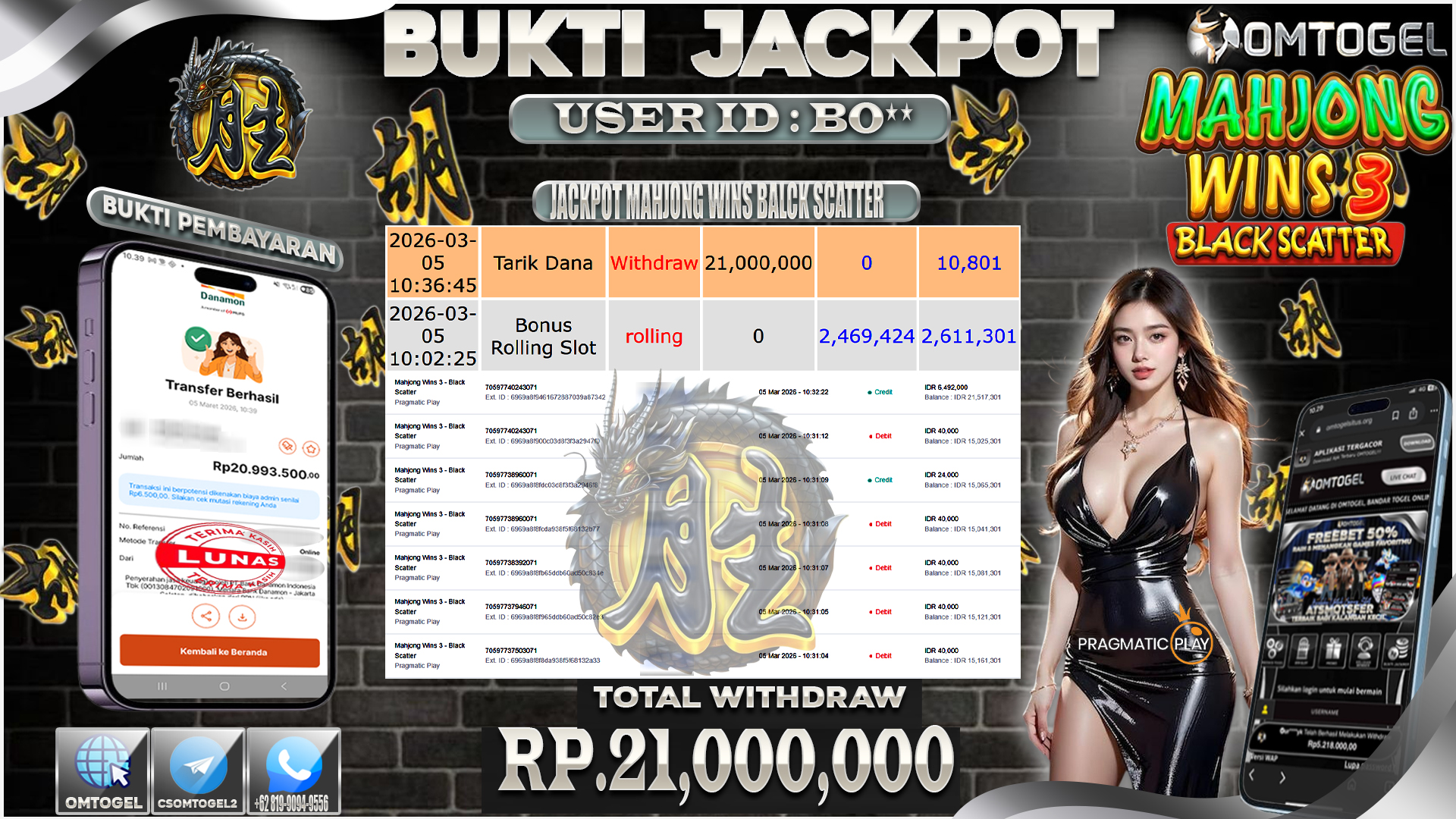 OMTOGEL JACKPOT PRAGMATIC PLAY MAHJONG WINS 3 - BLACK SCATTER, 21 JUTA DI BAYAR LUNAS ,-