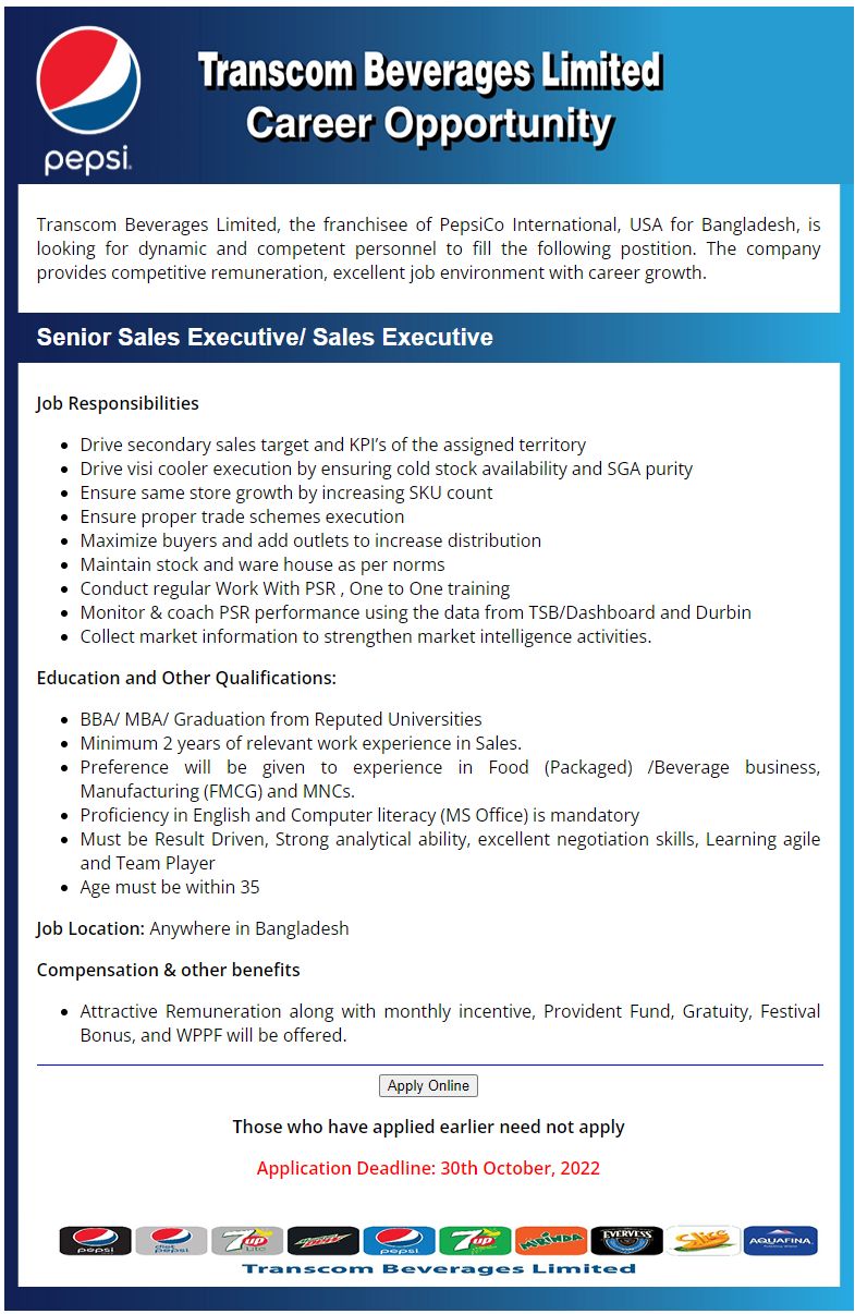 Transcom Beverages job Circular 2022