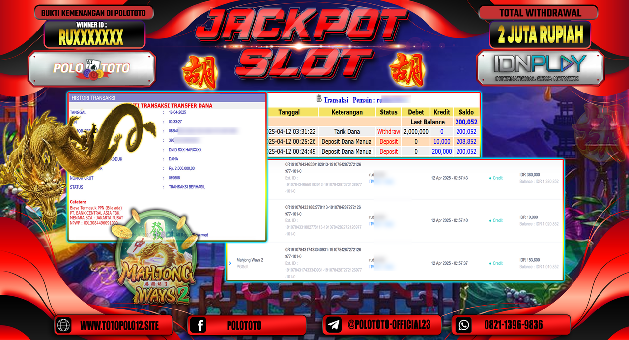 POLOTOTO JACKPOT SLOT MAHJONG WAYS 2 Rp.2.000.000,- LUNAS