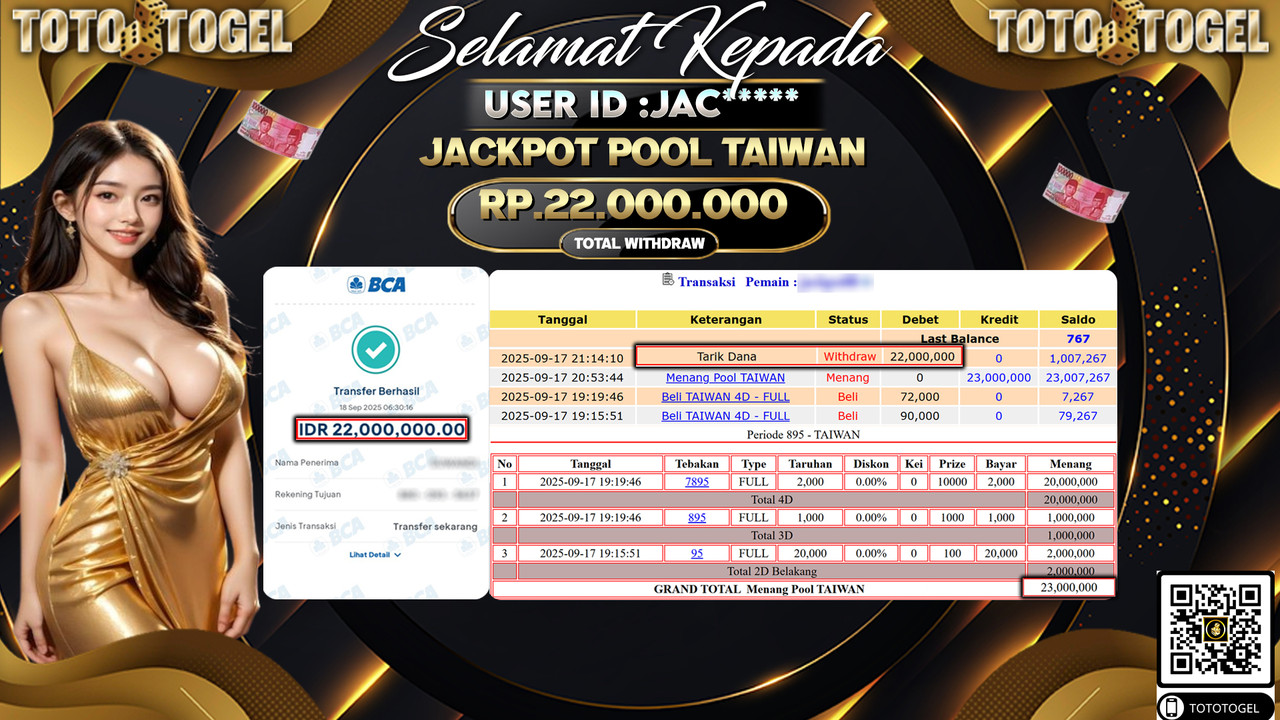 Bukti Pembayaran Jackpot Permainan Togel Pool Taiwan  ID:JAC*** LUNAS