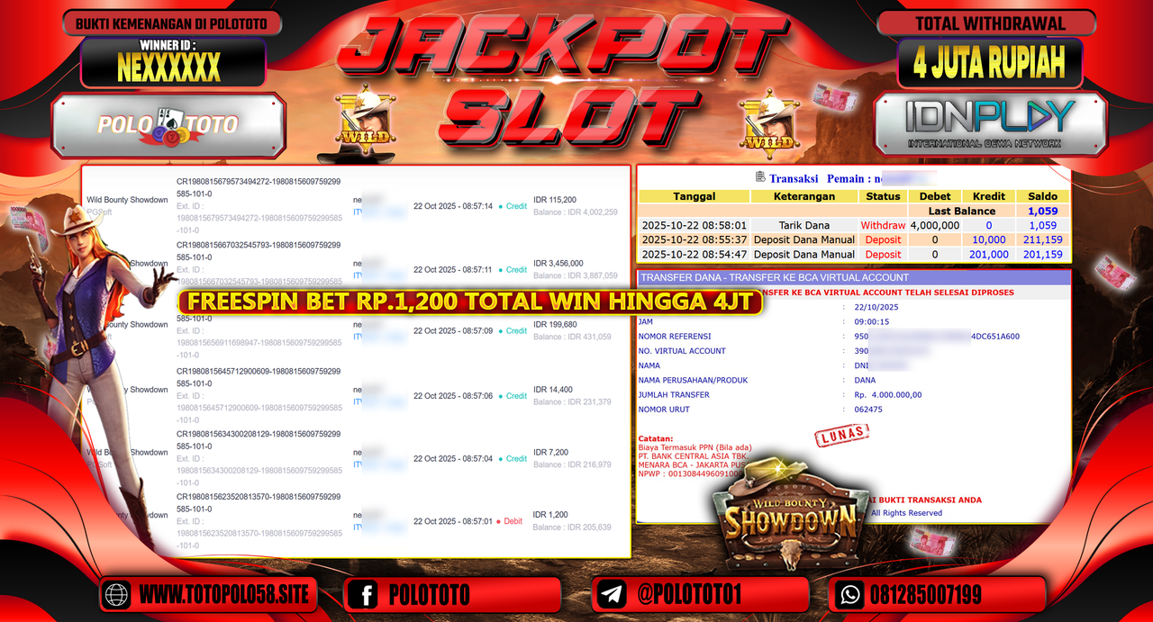 POLOTOTO JACKPOT SLOT WILD BOUNTHY SHOWDOWN Rp.4.000.000,- LUNAS