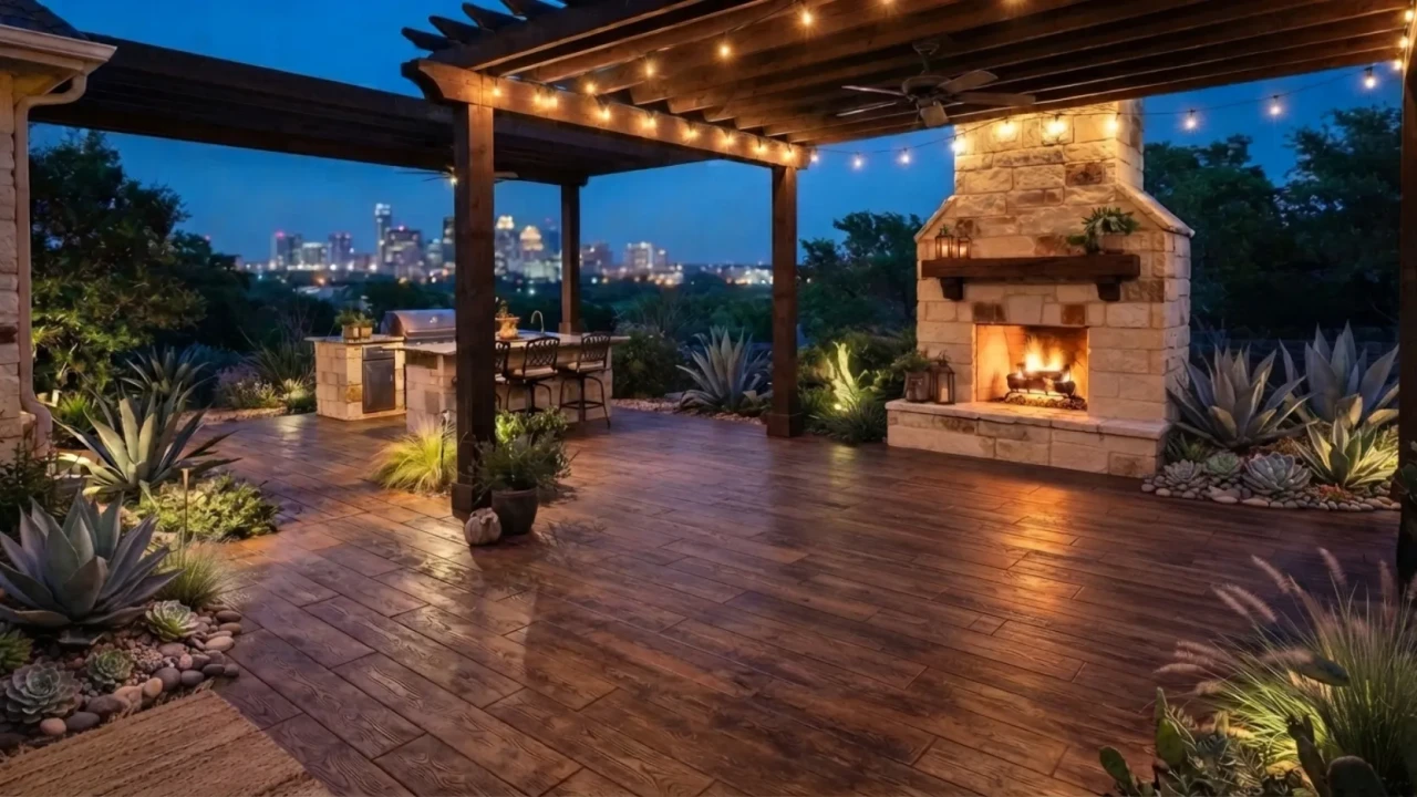 Wood plank stamped concrete patio outdoor living area San Antonio